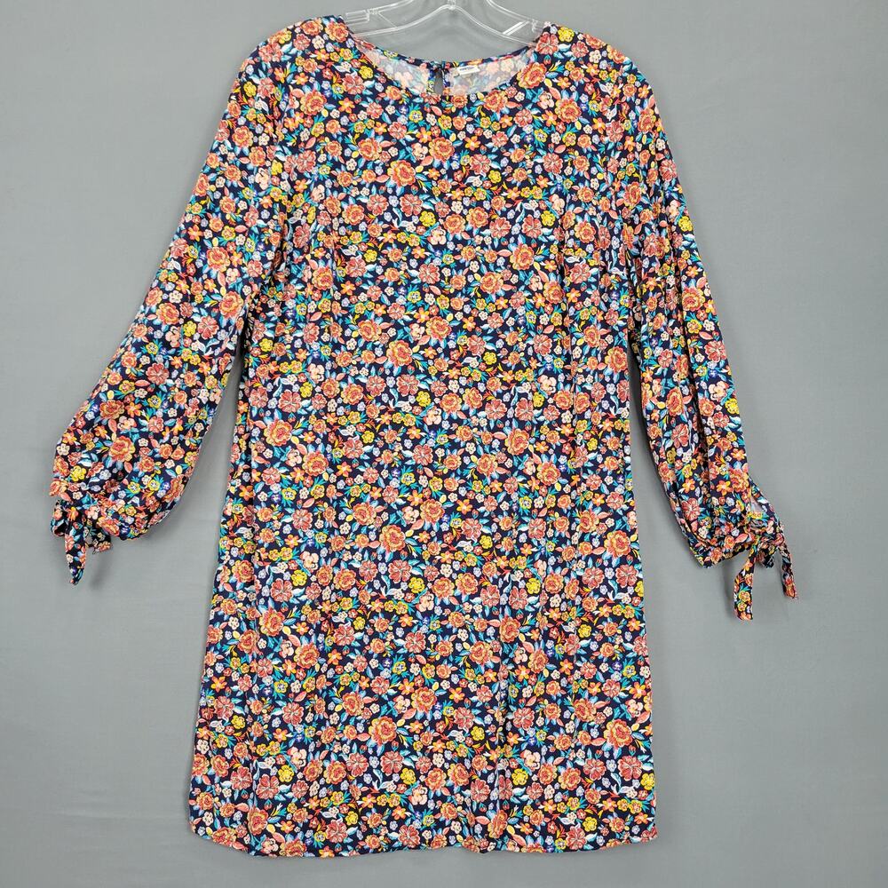 Old Navy Womens Dress Size S Blue Preppy Floral Shift Tie 3/4 Sleeves Round Neck